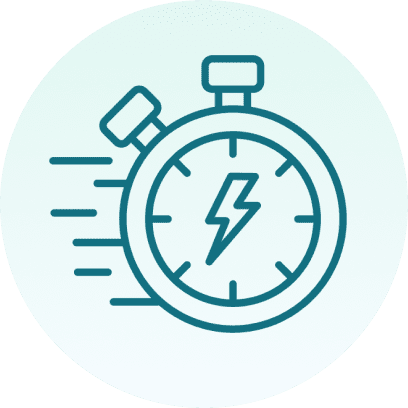 Outline of a stopwatch with a lightning bolt inside, indicating speed or quick performance, on a circular background.