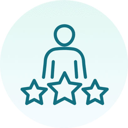 A simple icon of a person with three stars below, set against a light gradient background.